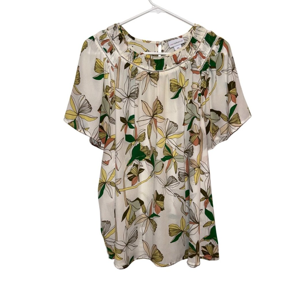 Liz Claiborne White Floral Print Top XXL Short Sleeve Lightweight Blouse Made In